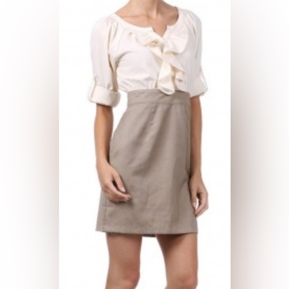 Ann Taylor Loft Women's Size 12 Cream Brown Khaki Ruffled Neutral Dress Slit - Picture 1 of 10